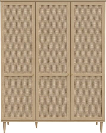 Шафа 165, Шафа в стилі бохо з 3 дверима, вішалка для одягу, полиці, інженерна деревина, декор дуба Elegancia/технораттан, 165 см завширшки x 208 см заввишки x 52 см завглибшки, 3-дверна шафа