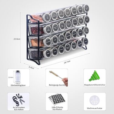 Рівнева підставка для спецій, настінна та настінна, 28 порожніх органайзерів для спецій зі стійкою та 432 етикетками для спецій, підставка для спецій, не потребує свердління для кухні, шафи, комори, 4-