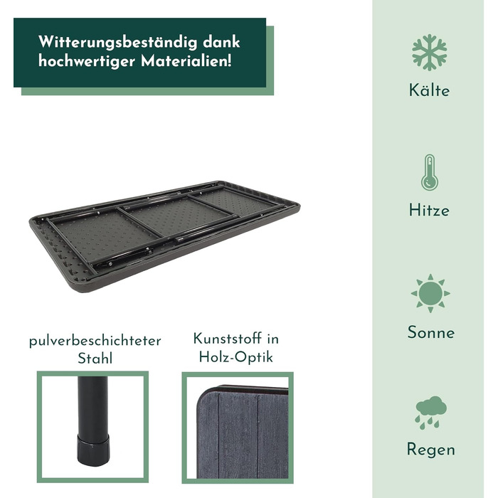 Розкладний стіл Lemodo зі стільницею під дерево, розкладний балконний стіл 120 x 60 см (Д x Ш), водонепроникний садовий стіл, чорний пластиковий стіл, балконний стіл до 6 осіб, розкладний стіл 120x60