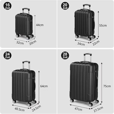 Набір багажу LALAHO з 4 предметів, комплект дорожніх валіз, комплект валіз з твердої оболонки з ABS-пластику, комплект багажу з телескопічною ручкою, ручна поклажа, чорний. Комплект багажу з 4 предметів (смугастий)