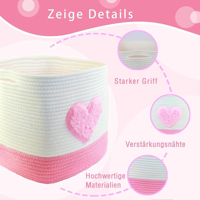 Кошик для зберігання, 28 x 28 x 28 см, квадратні плетені кошики з бавовняної мотузки, маленькі плетені кошики для сортування, для дитячих кімнат, офісів, декоративні. (Набір з 2 шт., Рожеве серце) Набір з 2 Рожевих сердець