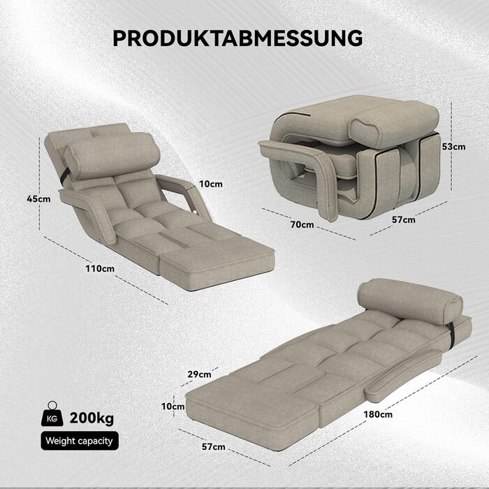 Крісло UNIONLINE, регульоване складне ігрове крісло з підлокітниками, подушкою та підставкою для ніг, одне крісло, ліжко для спальні, для дому, офісу, бежевий