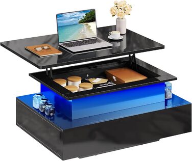 Журнальний столик з регульованою висотою, глянцевий стіл для вітальні з підйомною стільницею, сучасний диванний столик з 16-кольоровим світлодіодним підсвічуванням та 2 шухлядами