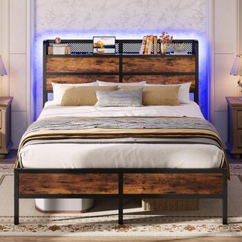 Ліжко IRONCK 140x200 см, Каркас ліжка 140x200 зі світлодіодним освітленням та зарядною станцією (2 розетки, 1 USB та 1 порт Type-C), Металеве ліжко, Двоспальне ліжко, Дитяче ліжко з рейковою основою, Місце для зберігання під ліжком