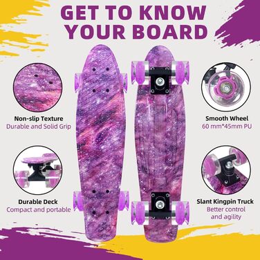 Скейтборд Nattork Mini Cruiser 22" Purple (Lila Stern) – ретро міні-круїзер з LED-підсвічуванням PU коліс, для дітей та початківців