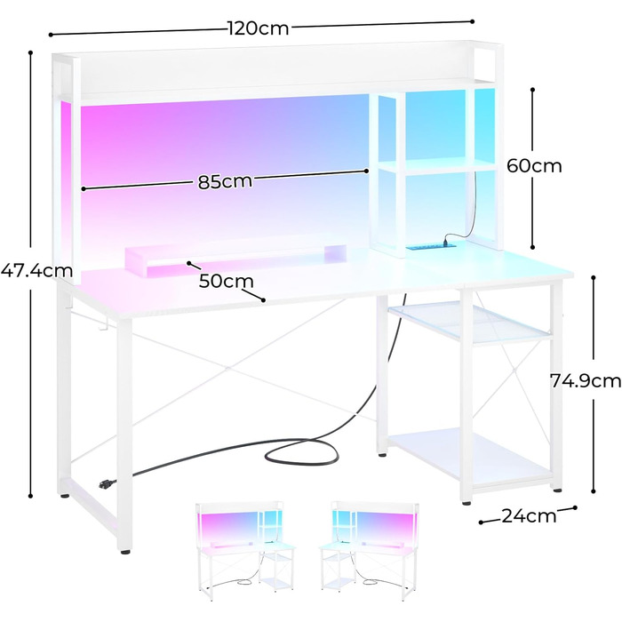 Ігровий стіл з полицею, комп&39ютерний стіл 47 дюймів зі світлодіодним підсвічуванням та розетками, стіл для домашнього офісу з двосторонніми 5-ярусними відділеннями для зберігання та підставкою для монітора, білий 120 см