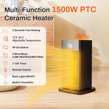 Керамічний вентилятор-обігрівач LIFERUN, енергозберігаючий із зволожувачем повітря, світлодіодне підсвічування полум&39я, тиха робота, швидкий нагрів за 2 секунди, коливання 90, з пультом дистанційного керування та таймером, електричний обігрівач для спал