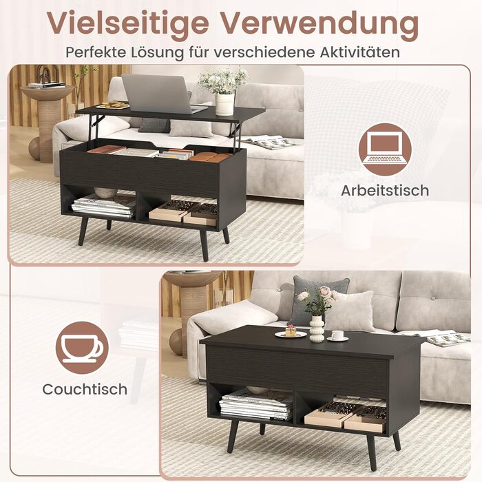 Журнальний столик COSTWAY з регульованою висотою, диван-столик з підйомною стільницею та 2 відкритими полицями, розсувний дерев&39яний журнальний столик для вітальні, офісу, 80 x 40 x 46-60 см (чорний)