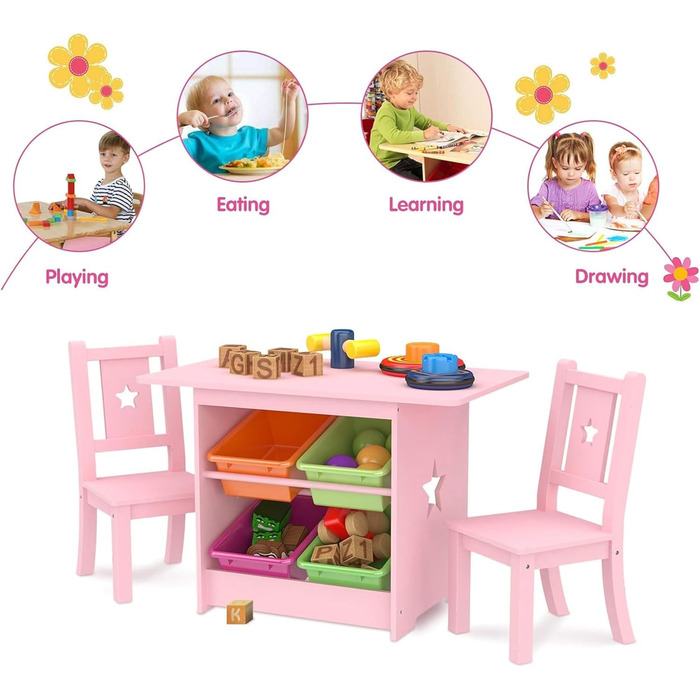 Дитячий стіл та стільці - Дитячі столи з масиву дерева рожевого кольору - Стіл з 4 коробками для зберігання, Дитячий стіл у формі зірки з 2 стільцями - Екологічно чистий