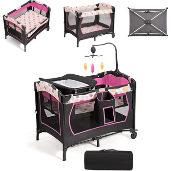 Складане дорожнє ліжечко FANTASK 4-в-1 до 15 кг, мобільна колиска, приліжкове ліжечко, пеленальний столик та манеж, дитяче ліжечко з регульованою висотою на 2 рівнях з сумкою для перенесення, матрацом та музичним мобільним пристроєм