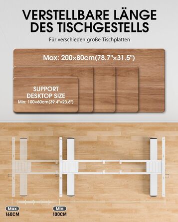 Каркас столу з регулюванням висоти, 2 потужними двигунами, 3 налаштуваннями пам&39яті та нагадуванням про можливе кріплення сидячи/встаючи, функцією захисту від зіткнень, вантажопідйомністю 150 кг, портом USB-C, 2 гачками, білий колір