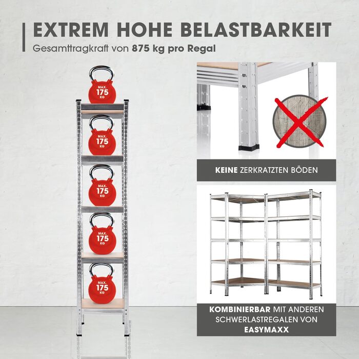 Міцний стелаж EASYmaxx 40x40x180 см Вантажопідйомність 875 кг, 175 кг на полицю Стелажі та верстак Підвальний стелаж, стелаж для зберігання з 5 регульованими полицями Для підвалу, гаража, кімнати для хобі, майстерні (40 x 40 x 180 см)