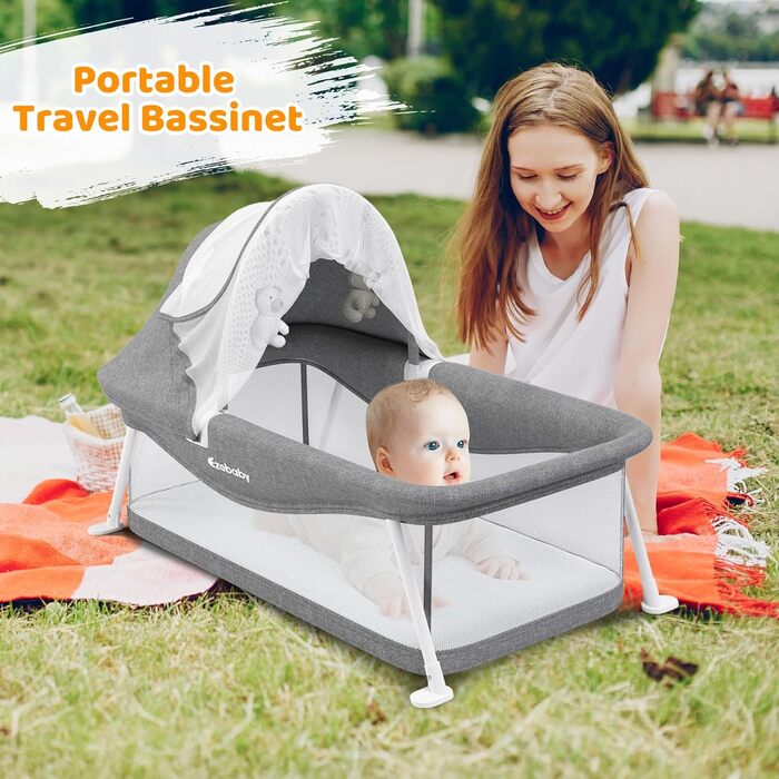 Дорожнє ліжечко Ezebaby, маленьке складне дитяче ліжечко з сумкою для зберігання, москітною сіткою та іграшками, підходить для дітей 0-5 місяців (сіре)
