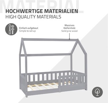Дитяче ліжко ML-Design 70x140 см світло-сірого кольору з матрацом, поручнями, дахом та рейковою основою, ліжко-будиночок для дівчаток та хлопчиків, ліжко-будиночок із сосни, ігрове ліжко, підлогове ліжко, дитяче ліжко, дерев&39яне ліжко-будиночок 70 x 140
