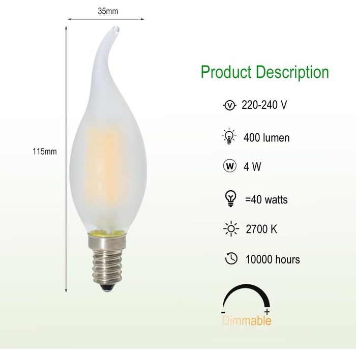 Світлодіодна лампа-свічка Tuoplyh з 10 комплектами, 4 Вт з регулюванням яскравості та цоколем E14, замінює 40 Вт, світлодіодна лампа розжарювання, матова, теплий білий, 2700K