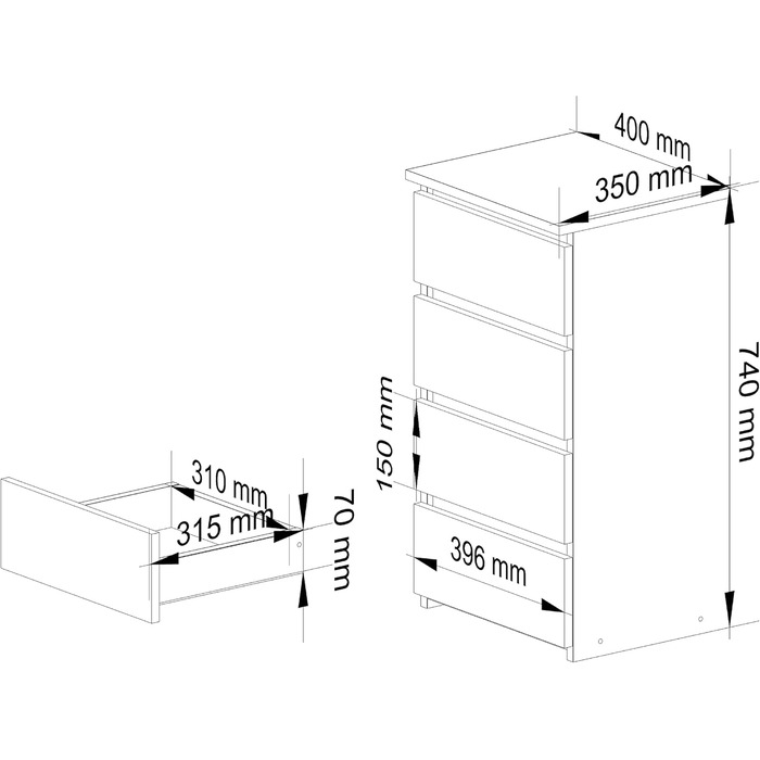 Комод AKORD CL4 40 см 4 шухляди Шафа для вітальні для спальні Ш40 x В74 x Г35 см Вага 18,4 кг Білий/Білий