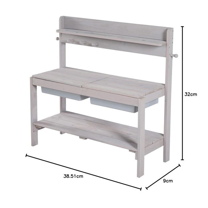 Дерев'яна грязьова кухня зі знімною кришкою - 2 пластикові ванни та полиця - Погодостійкий робочий стіл / відкрита ігрова кухня - Grey Grey Wide