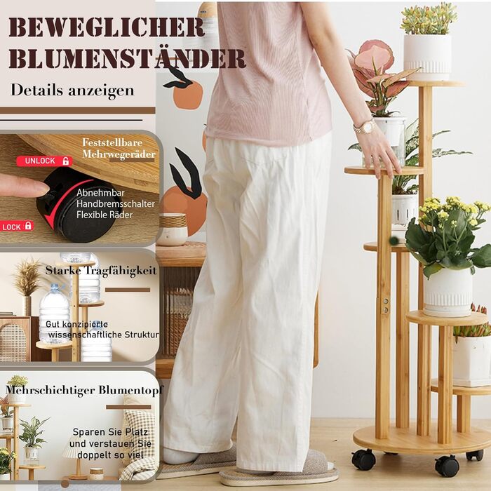 Бамбукова підставка для квітів на колесах, 5-ярусна підставка/стійка для квітів на балкон, шасі Ø31,5 см * верхня полиця Ø19 см * висота 88 см, полиця для рослин для використання на вулиці, легко переміщується (колір дерева), 5-ярусна підставка для рослин