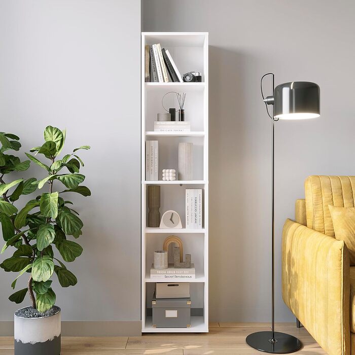 КОМТО Полиця 40 см завширшки Біла - Книжкова полиця з 6 рівнями та полицями з регульованою висотою, окремостояча полиця, полиця для зберігання Книжкова полиця Lumo 40 x 180 x 24 см (Ш x В x Г) 6 рівнів (40Ш x 180В x 24Г) Біла