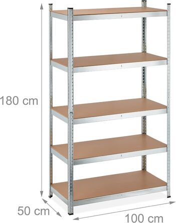 Полиця для зберігання Relaxdays для важких умов експлуатації, 5 ярусів, висота та ширина 180x100x50 см, вантажопідйомність 1250 кг, для підвалу, гаража, металева, срібляста