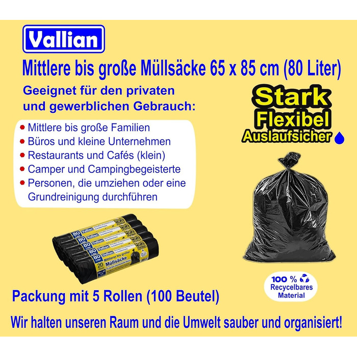 Літрові сміттєві пакети - Розміри 65 x 85 см - 20 пакетів у рулоні - стійкі до розривів, міцні та гнучкі - Упаковка з 5 рулонів (100 пакетів), 80-