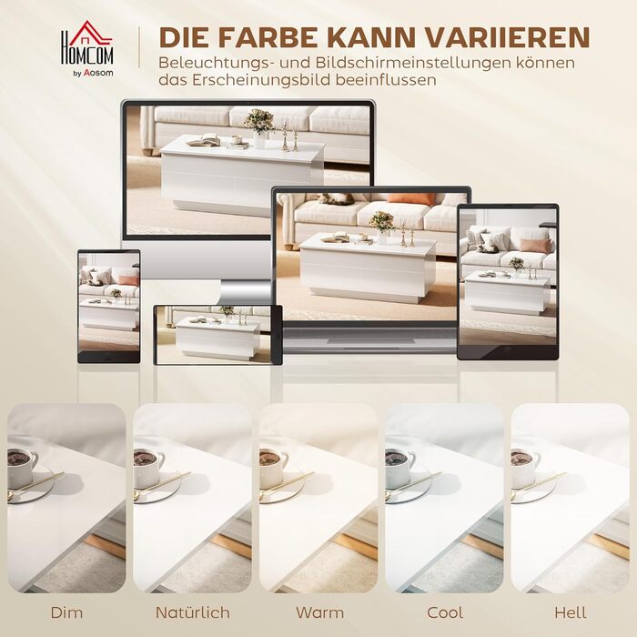 Журнальний столик HOMCOM з регульованою висотою, стіл для вітальні з підйомною стільницею, 2 шухлядами та прихованим місцем для зберігання, журнальний столик-диван для вітальні, білий глянець