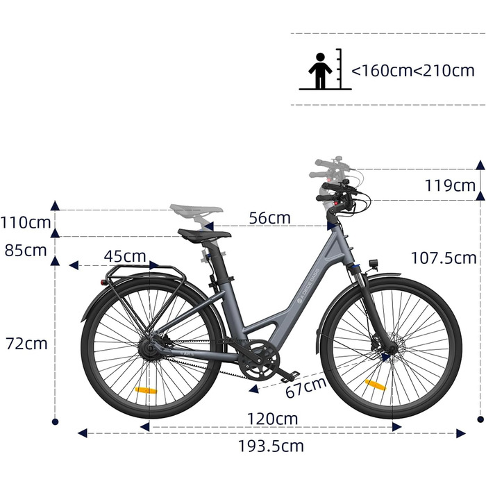 Електричний велосипед ADO E-Bike Air 28, педальний ремінний привід, 28 дюймів, 1 передача, задній двигун, акумулятор 345.00 Вт-год, ebike для жінок/чоловіків, безщітковий двигун 36 В 250 Вт, сірий