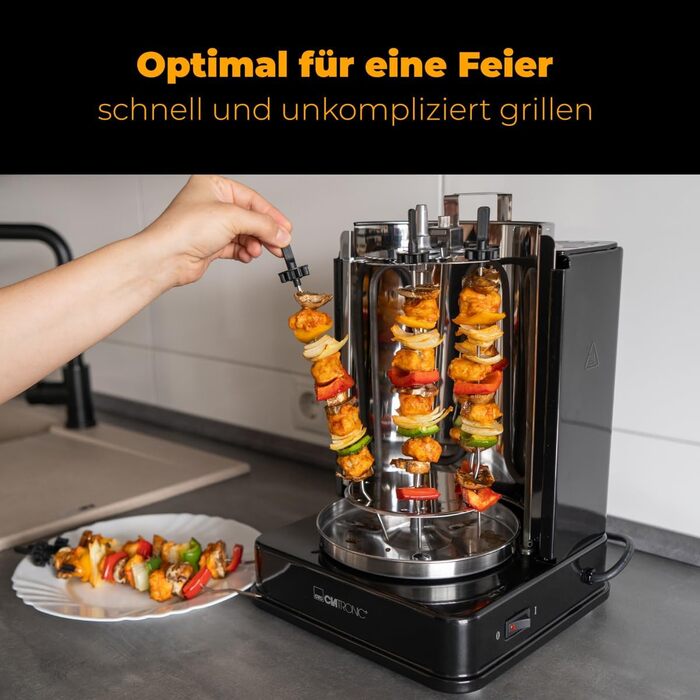 Вертикальний мультигриль Clatronic Dner-Vertikal-Multigrill Ідеальний для гіроса, кебаба та іншого Гриль для здорового приготування страв без жиру вдома Включає обертовий вертел та 6 шампурів для м'яса DVG 3686