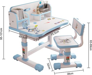 Дитячий функціональний комплект столу та стільця, регульований по висоті, для дітей, школи та навчання, комплект столу та стільця з мультяшним візерунком, ергономічний стілець з великою письмовою дошкою, книжковою полицею та
