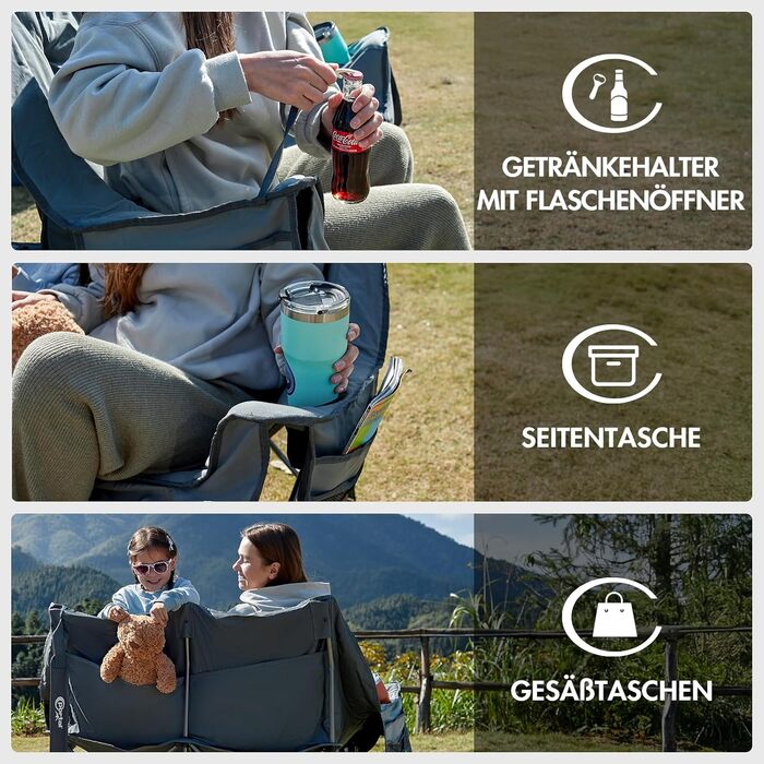 Складаний кемпінговий стілець/диван Portal для 2 осіб, вантажопідйомність 272 кг, суперм&39який з сумкою для зберігання, подвійний складний стілець/диван, товста підкладка, висока спинка для саду/балкона, сірий