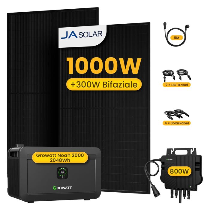 Балконна електростанція потужністю 1000 Вт з накопичувачем 2048 Втгод, Growatt NOAH 2000 з NEO 800 Вт, 2 повністю чорні двосторонні сонячні модулі по 500 Вт, повний комплект аксесуарів, plug & play (0 ПДВ) без монтажного кронштейна