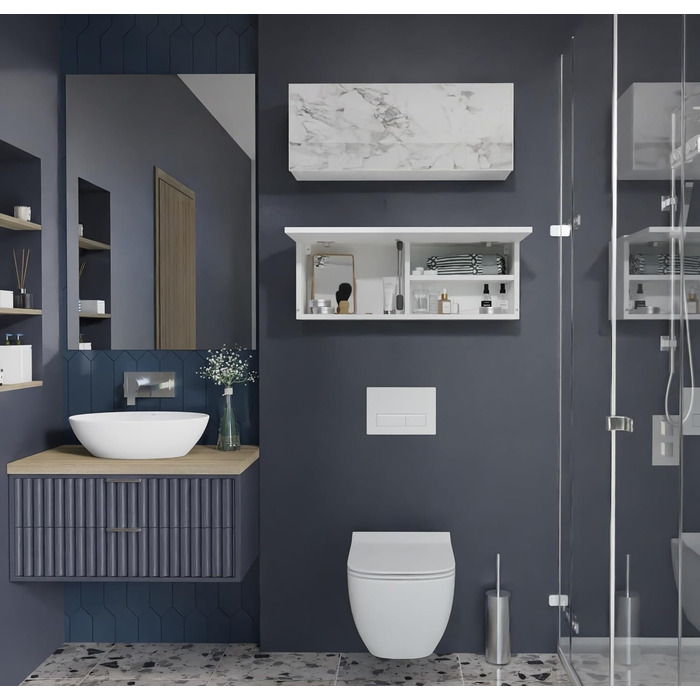 Шафа для ванної кімнати PLATAN ROOM шириною 80/120/160/200/240, меблі для ванної кімнати, настінна шафа з відкидними дверцятами, глянцевий матовий білий (білий матовий/мармуровий глянець, 80 x 30 x 25 см), білий матовий/мармуровий глянець, 80 x 30 x 25 см