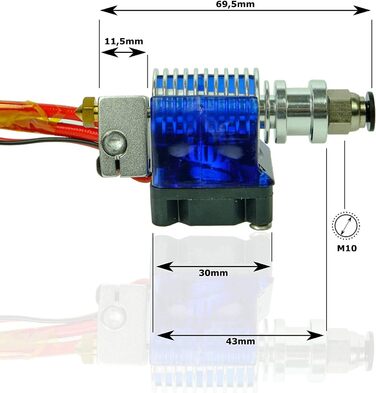 Комплект гарячого кінця V6 Повністю металевий тефлонова J-головка Bowden, сопло 0,4 мм, тефлонова трубка, вентилятор, силіконовий кожух, термопаста, зєднувач PC4-M6 Push-Fit 1,75 мм для 3D-принтерів Anycubic, Creality, Anet та інших. Комплект гарячого кін