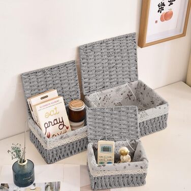 Набір кошиків для зберігання з 3 предметів з кришкою, плетений кошик з підкладкою, ротангова коробка для зберігання у ванній кімнаті, органайзер для ванної кімнати, іграшок, кухні, спальні (сірий)