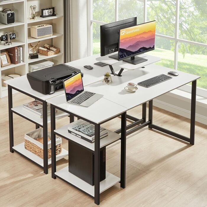 Комп&39ютерний стіл GreenForest з підставкою для монітора, офісний стіл 140 см з двосторонніми полицями, стіл для дому та спальні, білий 140 x 50 см