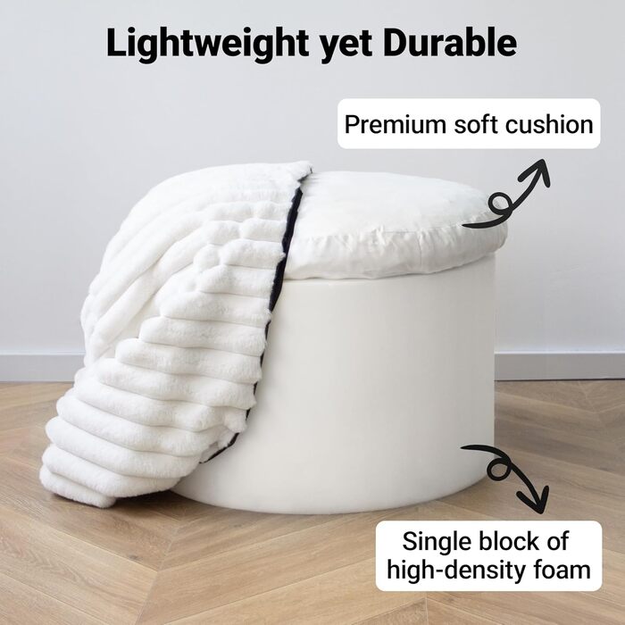 Круглий пуф-табурет, кругла пуф-мішок для ніг, диванний табурет, пуф для ніг з високоякісним штучним хутром, пуф, подушка-пуф для квасолі, сидіння для дивана та вітальні, 38x50x50 см, білий