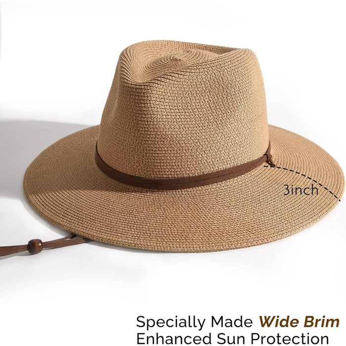 Унісекс Панама Капелюх Широкий козирок Літній капелюх Захист від УФ-випромінювання Сонячний капелюх з ремінцем підборіддя Пляжний капелюх для чоловіків та жінок Регульований солом&39яний капелюх ML Хакі