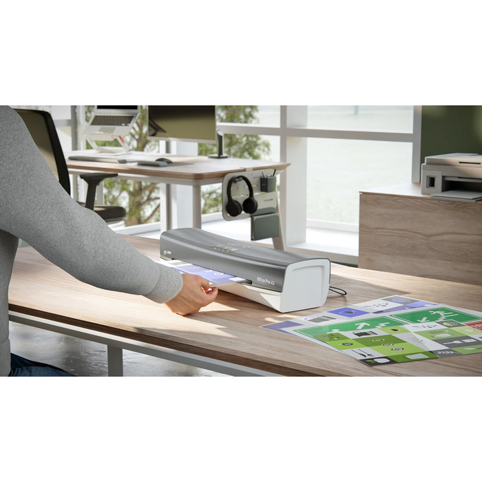 Ламінатор Leitz iLAM Office Pro A3, надшвидкий розігрів 1 хвилина, для плівок 75-175 мікрон, світлодіоди доступності та світлодіодний індикатор стану, функція захисту від застрягання, автоматичне вимкнення, стартовий комплект для роботи з плівками, сірий/