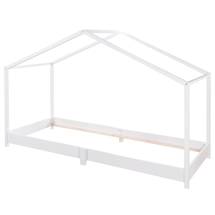 Дитяче ліжко roba House 90 x 200 см - Підлогове ліжко за принципами Монтессорі - Розсувне з рейковим каркасом, матрацом та покривалом для ліжка House - Ліжко з білого лакованого дерева 90 x 200 см продається окремо