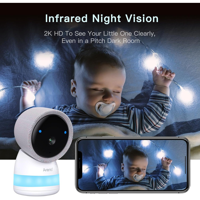 Монітор ARENTI з камерою 2K/3MP, 5 дюймів Wi-Fi Відеоняня PTZ 355, ІЧ нічне бачення, нічне світло, колискові, відображення темпера