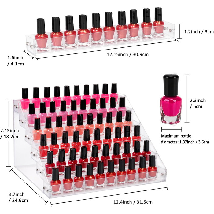 Рівневий акриловий органайзер для лаку для нігтів, підставка для зберігання лаку для нігтів, окулярів, чорнила для татуювання, ефірних олій, пляшечок з фарбою та іншого - прозорий настільний органайзер на 78-84 пляшечки, 6-