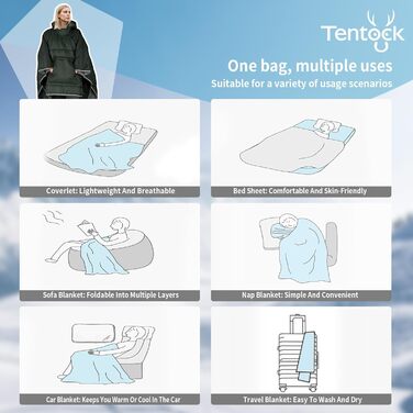 Зимове пончо Tentock унісекс з капюшоном, тепла ковдра, пуловер з капюшоном, надлегкий спальний мішок, водонепроникний, невелика ковдра для кемпінгу та походів на свіжому повітрі, сірий