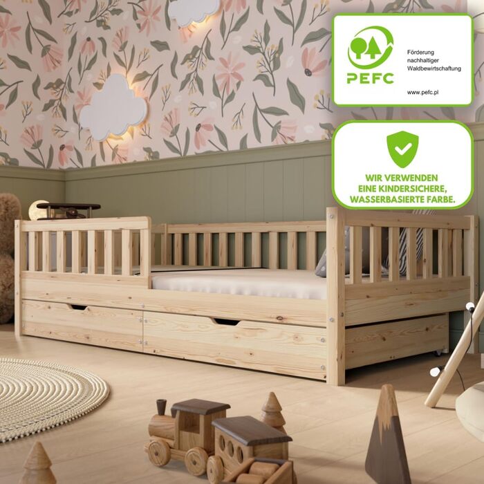 Дитяче ліжко з шухлядою 100x200 см Ліжко Монтессорі з масиву дерева із захистом від падіння Безпечне дитяче ліжко Скандинавський дизайн, легке складання Crazy Basic 200 x 100 см з натурального дерева з шухлядами