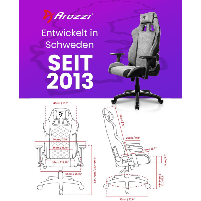 Ігрове крісло Arozzi Avanti Ергономічне ігрове крісло з мякої тканини, регульоване по висоті з регульованою спинкою та підлокітниками, підголівником, шведський дизайн для домашнього офісу та ігор Попелясто-сірий