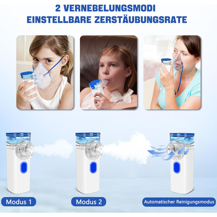 Інгалятор електричний портативний небулайзер Безшумний інгалятор для дорослих і дітей, 2 схеми розпилення Регульована функція автоматичного очищення інгалятор з масками і мундштуком Синій