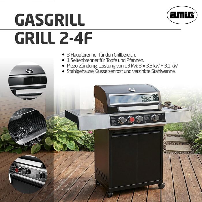 Газовий гриль Amig Fireplus XL GRILL-2 4F (129 x 55 x 115 см) чавунна решітка (60 x 41,5 см), термометр, бічна полиця, нижня шафа та колеса з гальмами, чорний