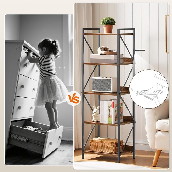 Книжкова полиця HOOBRO, стояча полиця, полиця-драбина, окремостояча вузька полиця, офісна полиця, 5 ярусів, відкриті полиці, для вітальні, спальні, офісу, кухні, рустикальний коричневий та чорний EBF73SJ01 42 x 28 x 132 см Рустикальний коричневий чорний