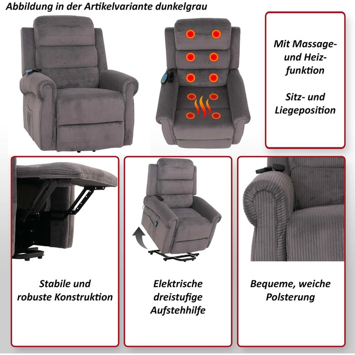 Крісло для телевізора Mendler HWC-K63, відкидне крісло, функція відкидання, допомога підйому, масаж, функція підігріву, тканина (220 г/м) вельвет - зелений