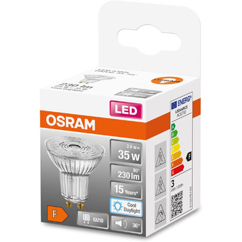 Світлодіодна рефлекторна лампа Osram Base PAR16 з цоколем GU10, 4,3 Вт, теплий білий, 10 шт. (1 упаковка) (35 Вт, 1 упаковка, 6500k денного світла)