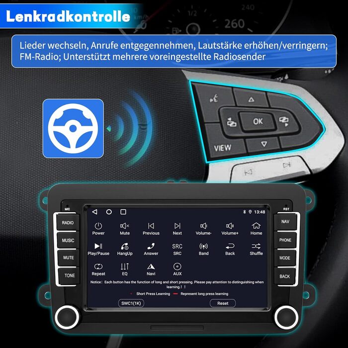 Автомагнітола для VW Passat Golf Polo Caddy Bettle Touran Tiguan Jetta Seat Skoda, система Android 12 2G64G, 7-дюймовий сенсорний екран Carplay Android Auto GPS Navi WiFi Bluetooth FM RDS радіо